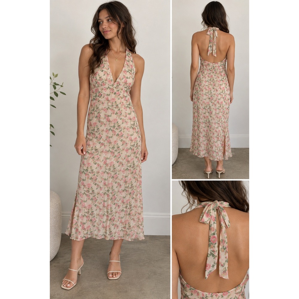 Y2K Pink Floral Halter Midi Dress M Romantic Cottagecore Fairycore Backless